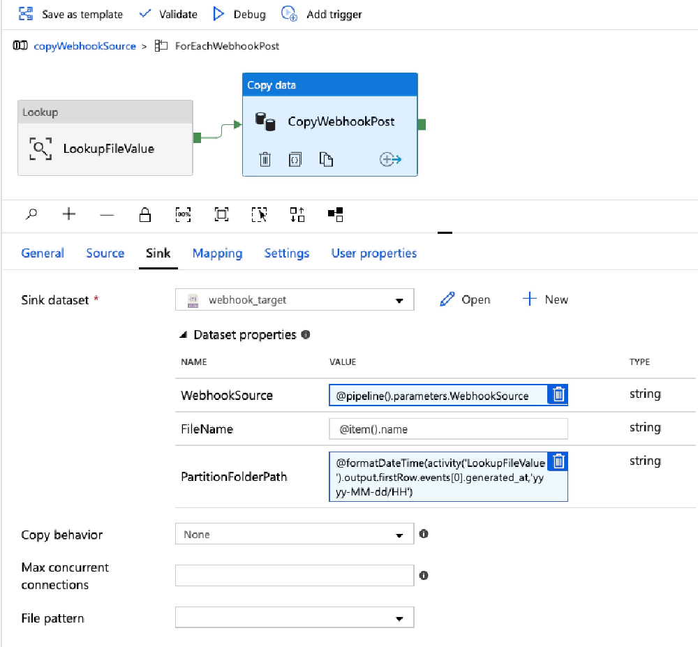 Specifying the target location, 'Sink', for the CopyData activity Specifying the target location, 'Sink', for the CopyData activity