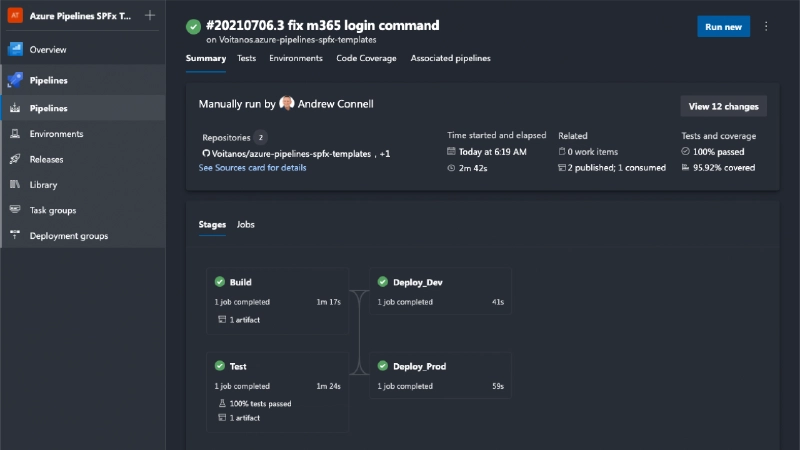 Successful pipeline execution from the updated 'Azure Pipelines Templates SPFx'