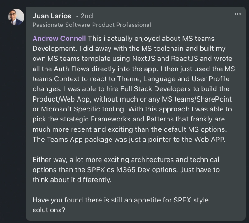 Juan: 'I did away with the Microsoft toolchain and built my own Microsoft Teams template using NextJS and ReactJS and wrote all the auth flows directly into the app.'