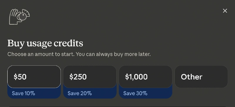 The Claude Code credits purchase dialog showing available credit bundles with discounted pricing. The Claude Code credits purchase dialog showing available credit bundles with discounted pricing.