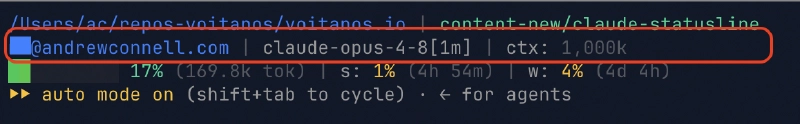 A terminal line showing the logged-in Claude account email address, the active model ID (claude-opus-4-8[1m]), and total context window size (1,000k tokens).