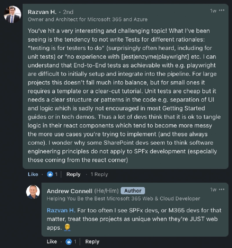 'What's so special about SPFx development WRT testing?' 'What's so special about SPFx development WRT testing?'