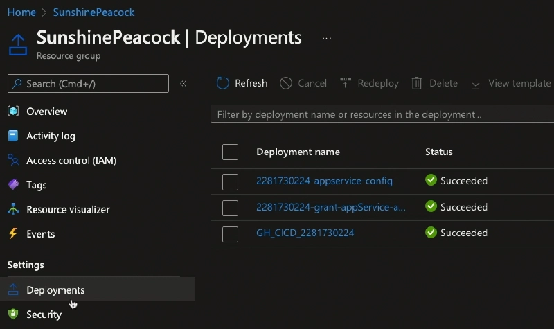 Deployments created from executing the Bicep file main.bicep from the workflow