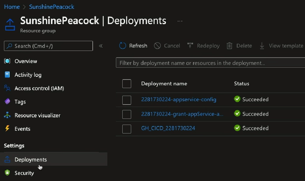 Deployments created from executing the Bicep file main.bicep from the workflow Deployments created from executing the Bicep file main.bicep from the workflow