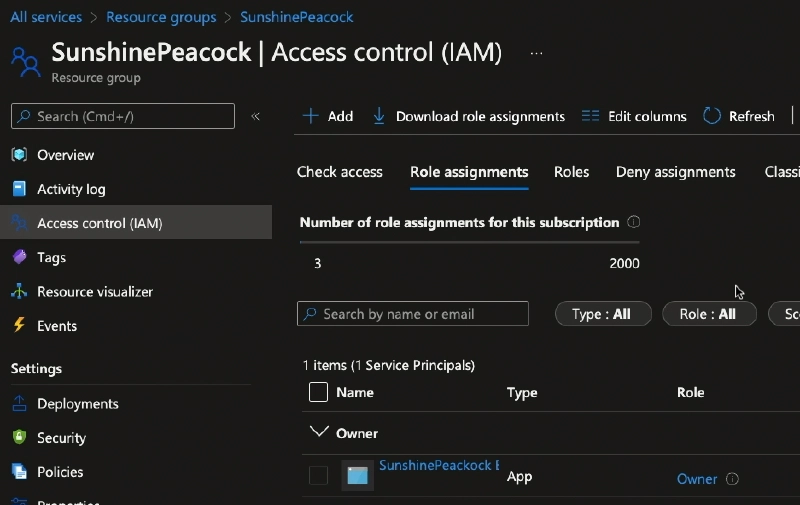 RBAC configuration granting the Entra ID app owner rights over the resource group