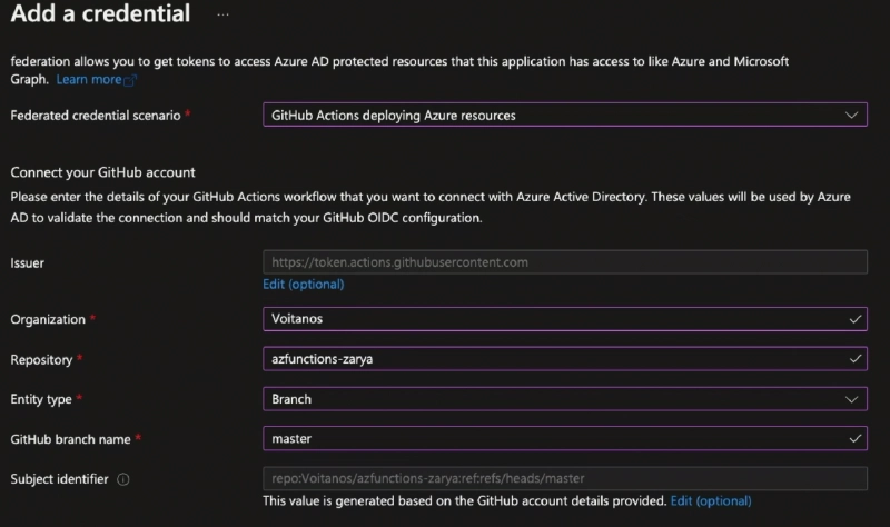 Configure a federated credential for an Entra ID app to trust a specific Github branch in a repository