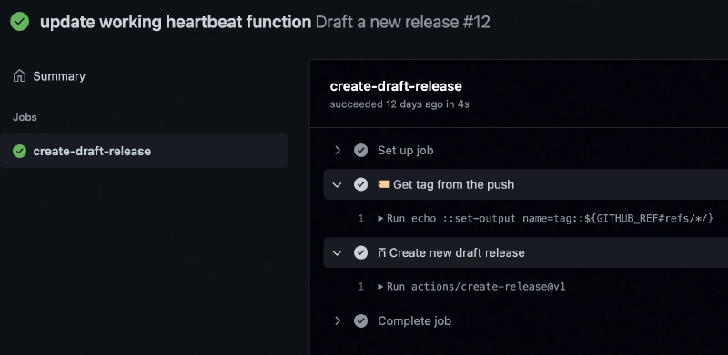 Results of pushing a tag to the master branch of the Github repository