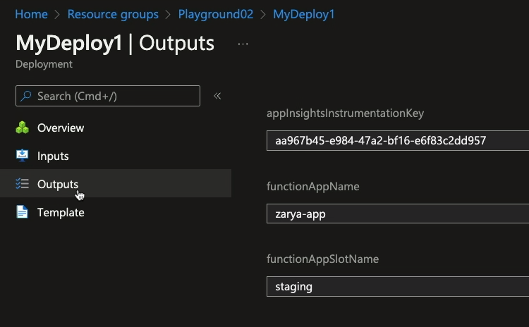 Azure Portal - deployment outputs Azure Portal - deployment outputs