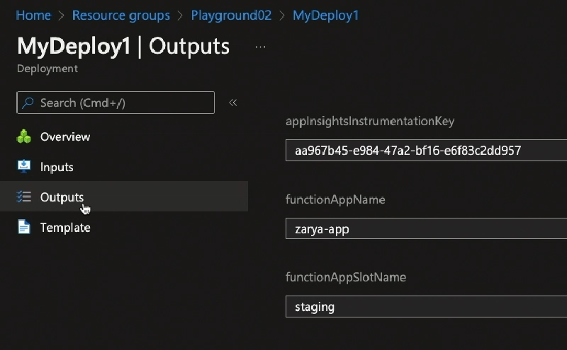 Azure Portal - deployment outputs Azure Portal - deployment outputs