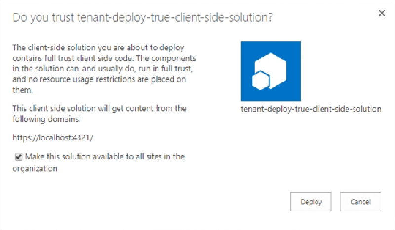 SPFx project deployment trust dialog SPFx project deployment trust dialog