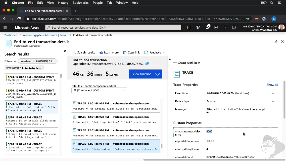 Screenshot Azure Application Insights tracking Microsoft 365 Suite Bar usage
