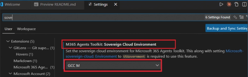 VS Code settings showing Sovereign Cloud Environment dropdown set to GCC M