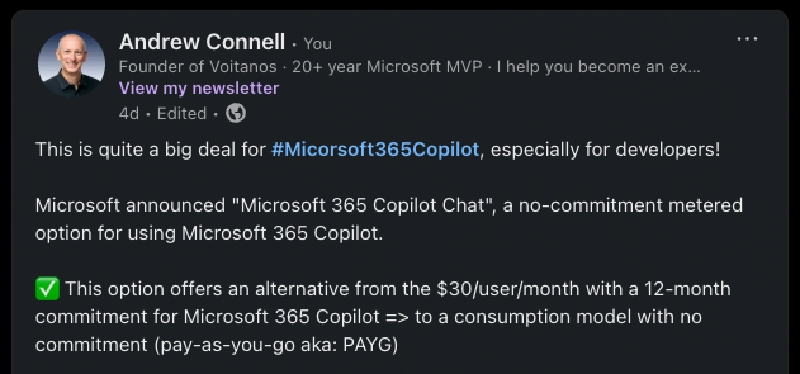 "Microsoft 365 Copilot Chat Pricing could be a huge win for Microsoft 365 full-stack developers!" "Microsoft 365 Copilot Chat Pricing could be a huge win for Microsoft 365 full-stack developers!"