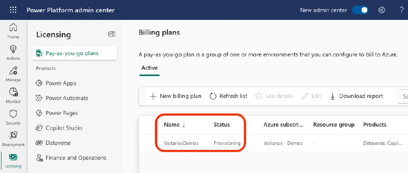 Confirm the new billing plan is provisioning