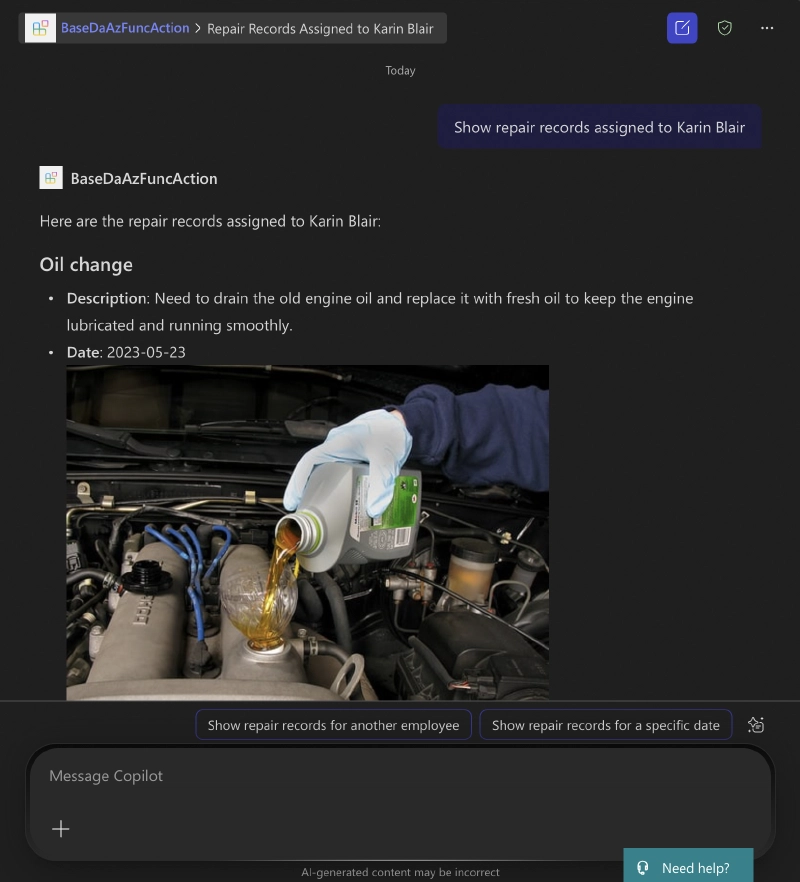 Successfully calling the API action from the base Microsoft 365 copilot declarative agent project template.