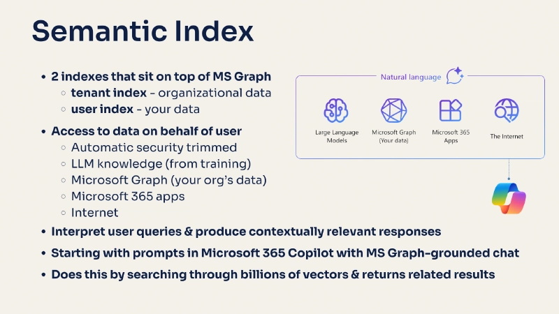 Architecture diagram of the Microsoft 365 semantic index built on Microsoft Graph for grounding Copilot responses in organizational data Architecture diagram of the Microsoft 365 semantic index built on Microsoft Graph for grounding Copilot responses in organizational data
