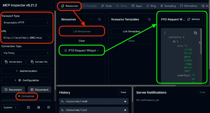 MCP Inspector Resources tab showing the PTO Request Widget resource, whose text property returns the full compiled widget HTML at the ui://pto-request/pto-request.html URI