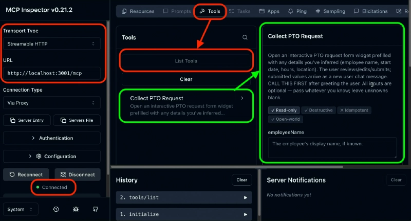 MCP Inspector Tools tab listing the collect-pto-request tool with its description, four optional input fields, and the _meta widget resource reference