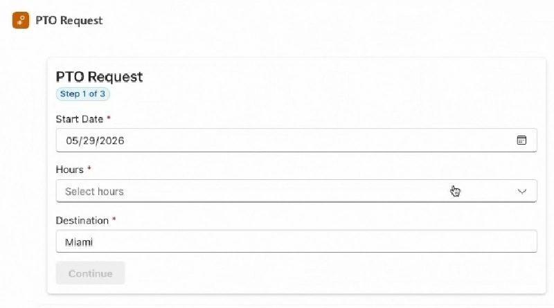 MCP App PTO request form widget inside Microsoft 365 Copilot chat with fields for employee name, start date, hours, and location