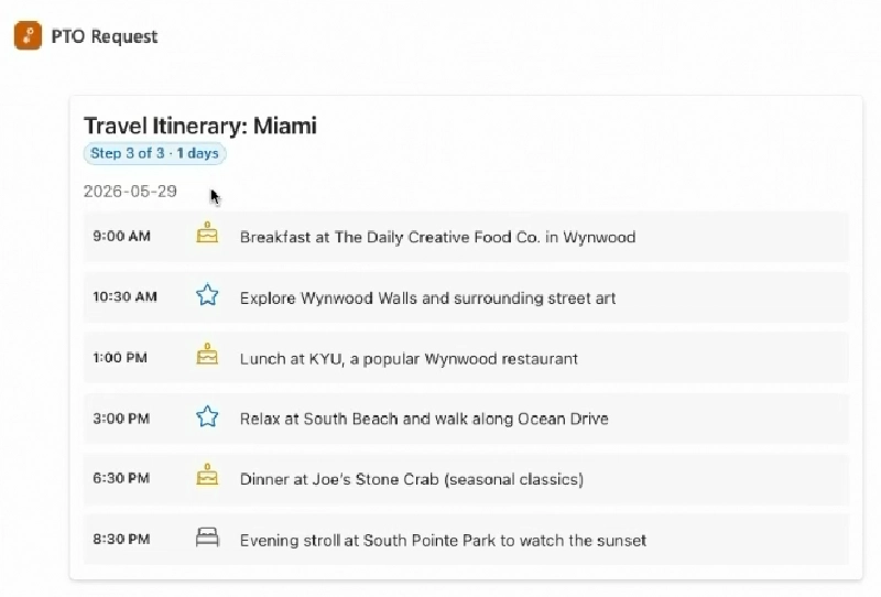 MCP App itinerary widget inside Microsoft 365 Copilot displaying a day-by-day travel itinerary card for the PTO destination
