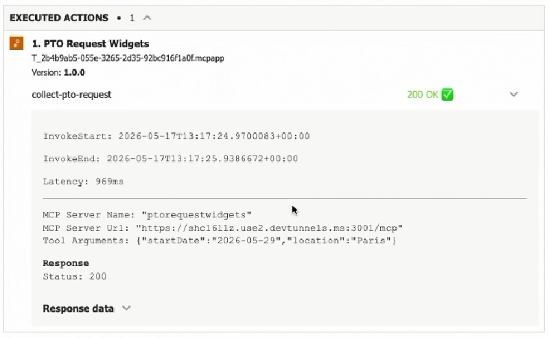 Copilot developer-mode agent debug info panel expanded, showing the collect-pto-request tool call with its arguments and reported latency