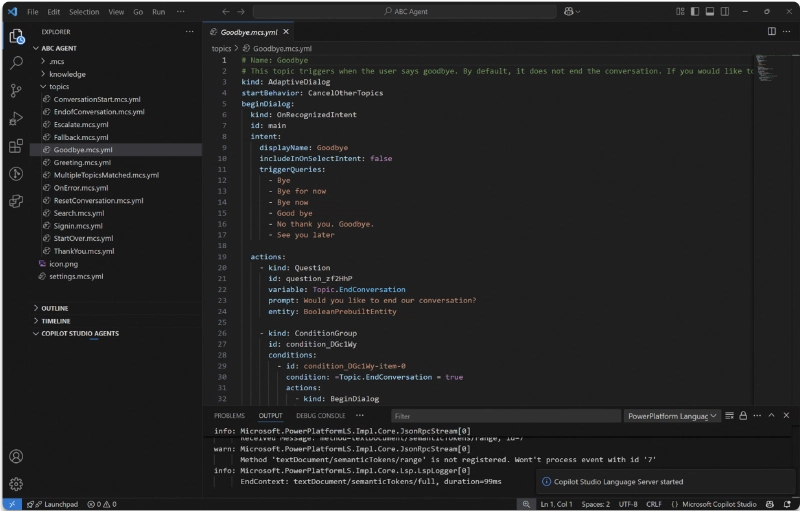 The Visual Studio Code extension for Copilot Studio editor.