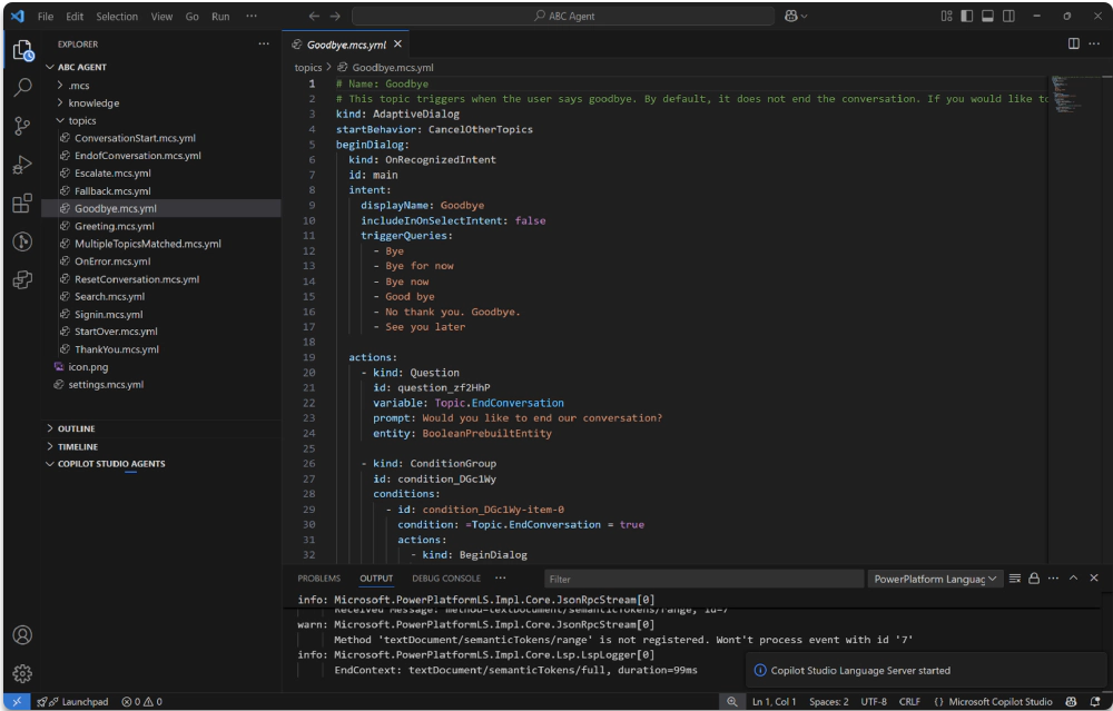 The Visual Studio Code extension for Copilot Studio editor. The Visual Studio Code extension for Copilot Studio editor.