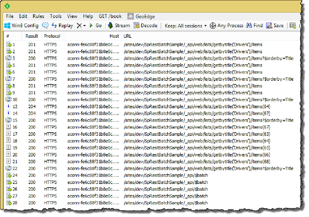 Fiddler trace of SharePoint Batch requests Fiddler trace of SharePoint Batch requests