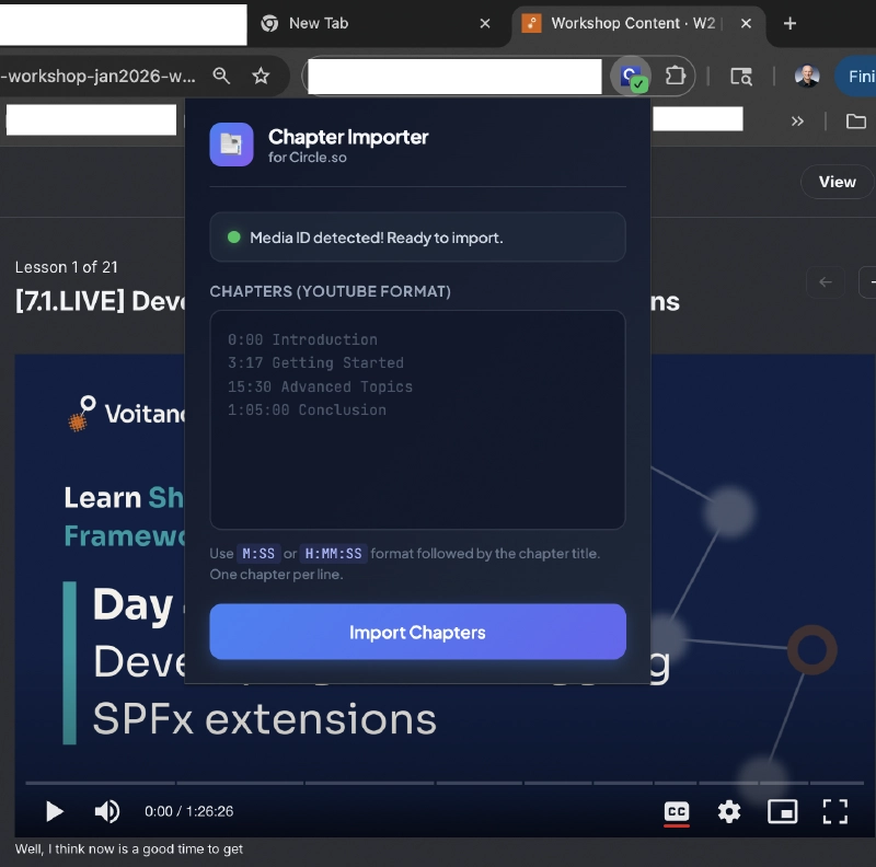 Custom Chrome extension UI showing the chapter timestamp import and quiz YAML upload interface for Circle.so Custom Chrome extension UI showing the chapter timestamp import and quiz YAML upload interface for Circle.so