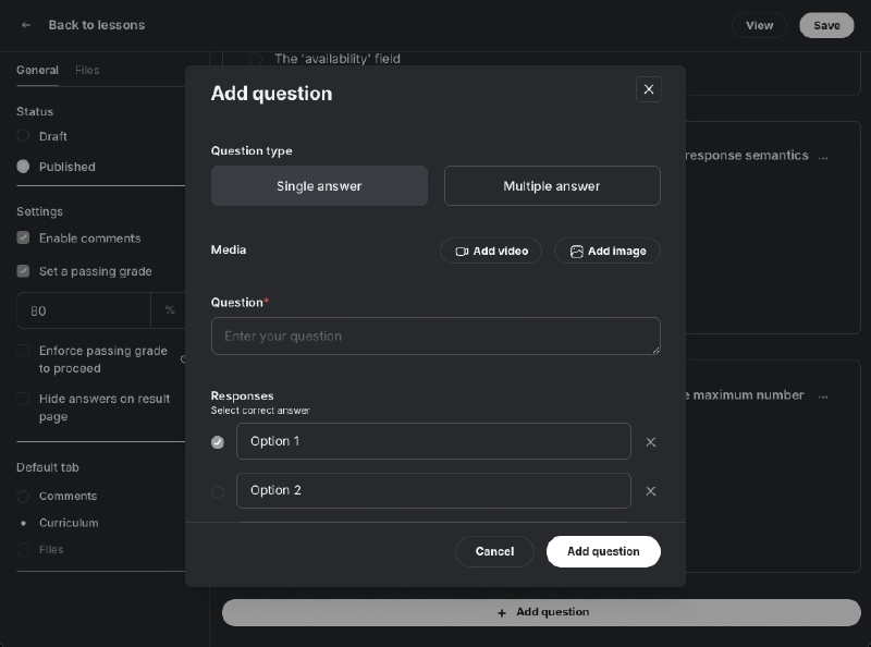Circle.so quiz editor interface showing the step-by-step question and answer entry workflow Circle.so quiz editor interface showing the step-by-step question and answer entry workflow