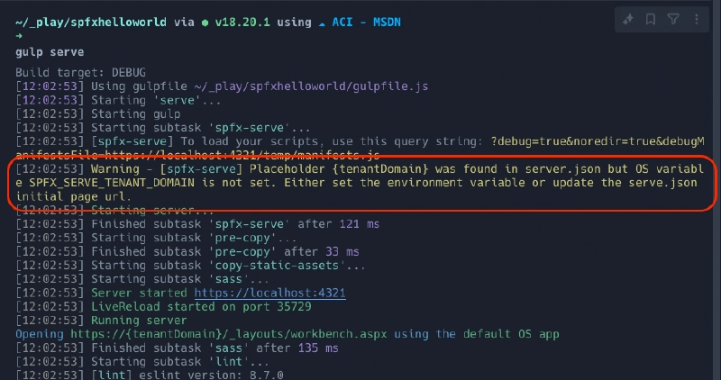 SPFx 'gulp serve' console output
