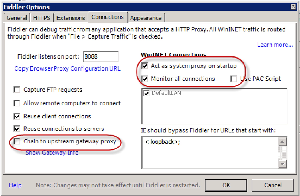 Fiddler Options > Connections dialog