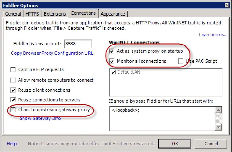 Fiddler Options > Connections dialog Fiddler Options > Connections dialog