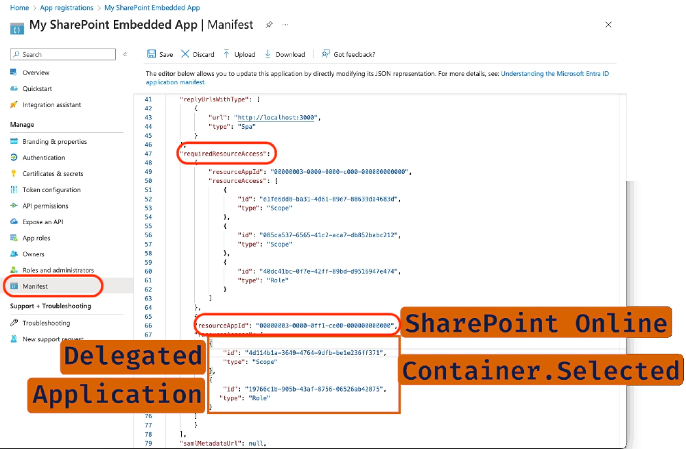 Manually adding app-only (application) & app+user (delegated) Container.Selected to SharePoint Online