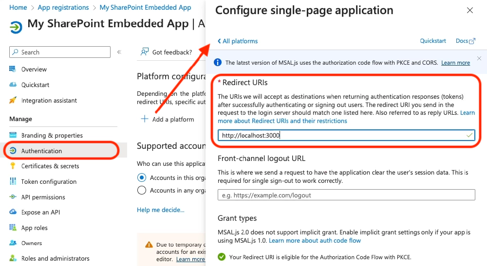 Configure the Entra ID app's authentication for a SPA