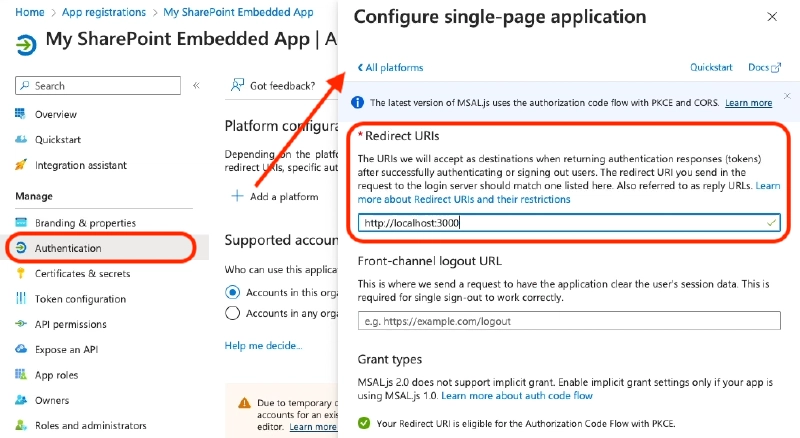 Configure the Entra ID app's authentication for a SPA Configure the Entra ID app's authentication for a SPA