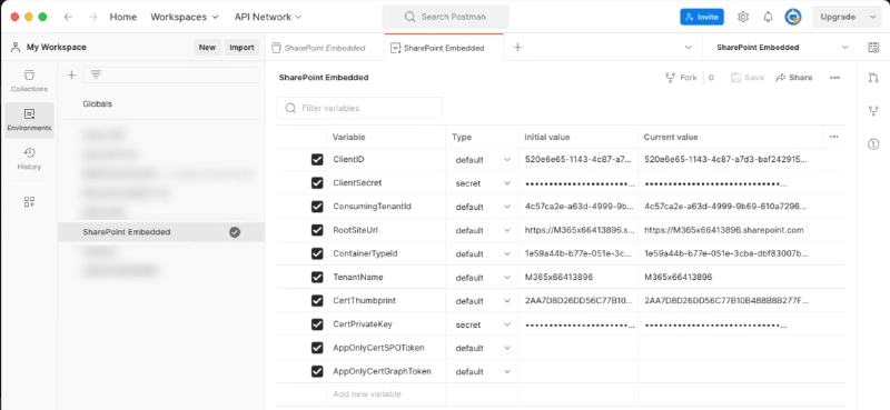 Postman environment values for the SharePoint Embedded collection Postman environment values for the SharePoint Embedded collection