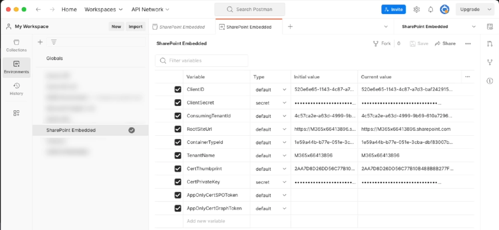 Postman environment values for the SharePoint Embedded collection Postman environment values for the SharePoint Embedded collection
