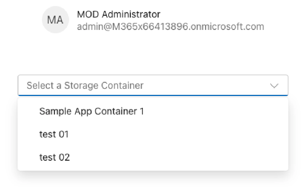 Screenshot of SharePoint Embedded containers in the SPA selector