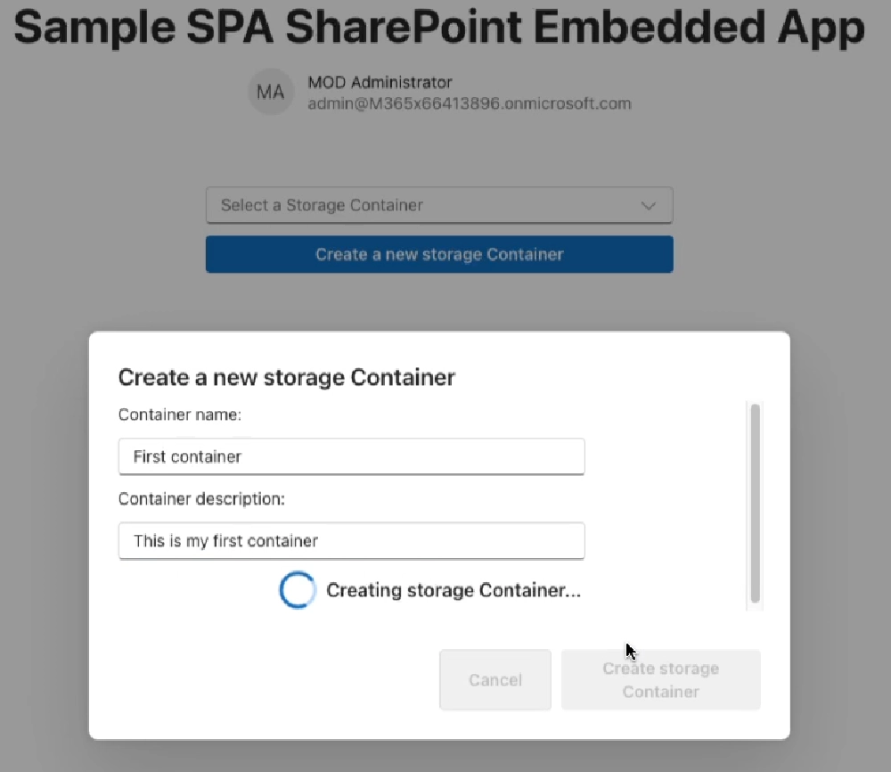 Creating a new SharePoint Embedded Container with the animated spinner control