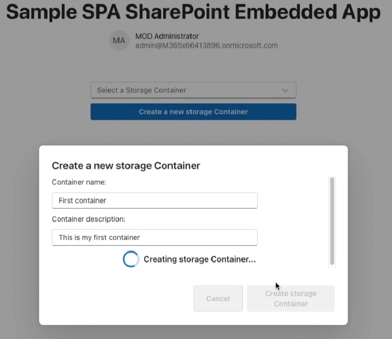 Creating a new SharePoint Embedded Container with the animated spinner control Creating a new SharePoint Embedded Container with the animated spinner control