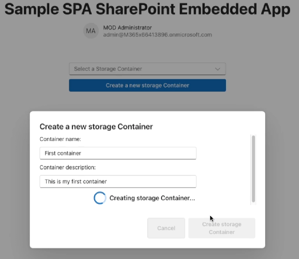 Creating a new SharePoint Embedded Container with the animated spinner control Creating a new SharePoint Embedded Container with the animated spinner control