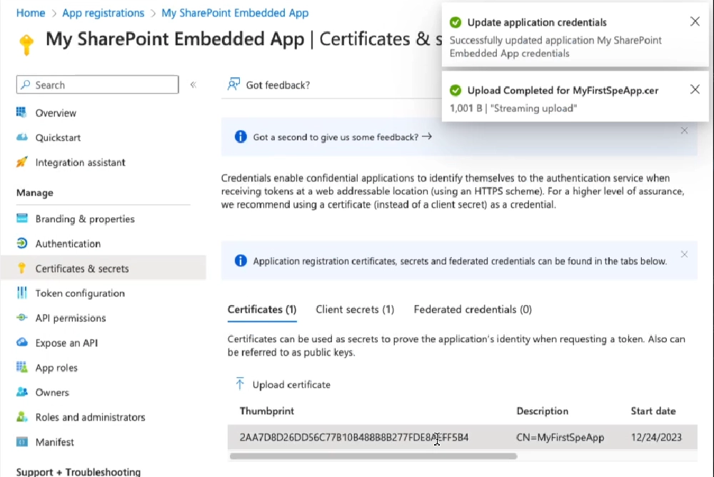 Upload the certificate to the Microsoft Entra ID application