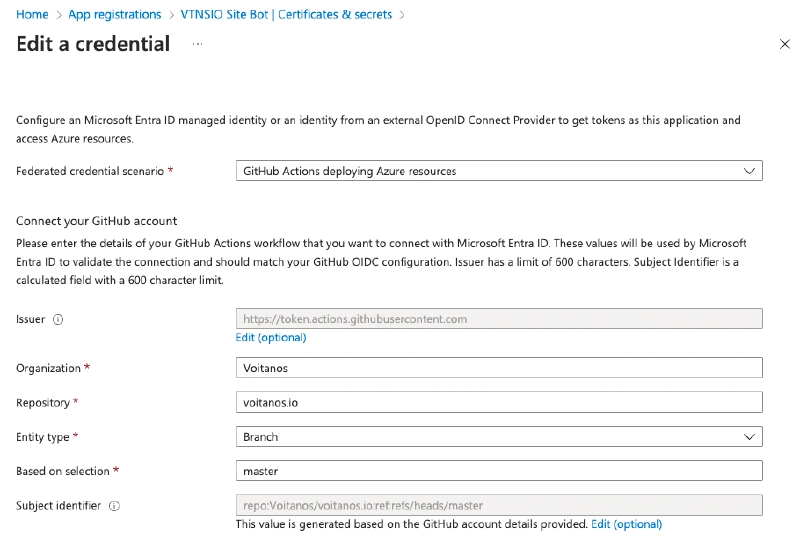 Entra ID app used for Azure resource deployment