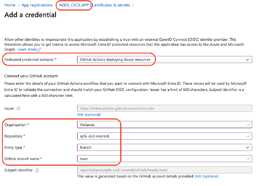 M365_CICD_APP with a single credential, federated with the GitHub IdP M365_CICD_APP with a single credential, federated with the GitHub IdP