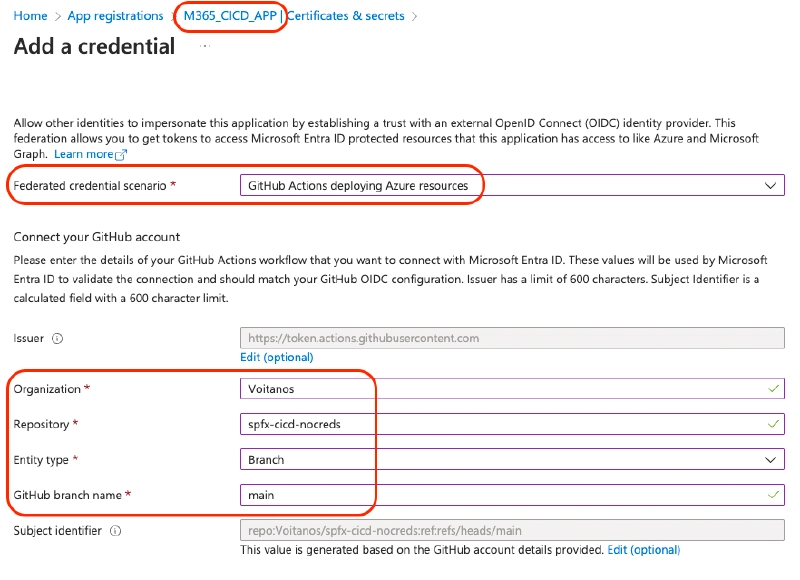 M365_CICD_APP with a single credential, federated with the GitHub IdP