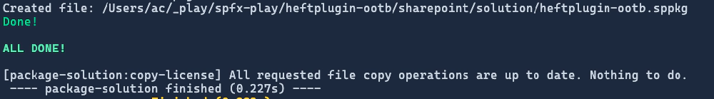 Notice the `[package-solution:copy-license]` custom task logged to the console when it ran.