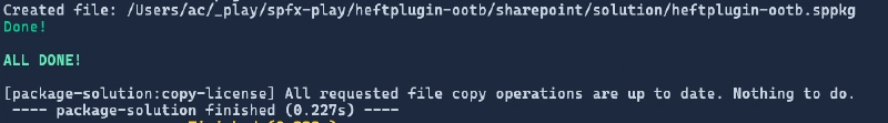 Notice the `[package-solution:copy-license]` custom task logged to the console when it ran.
