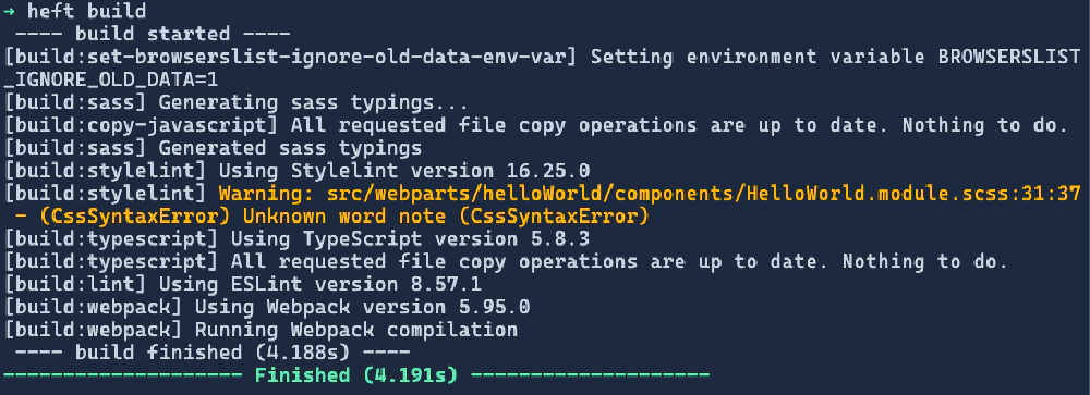 Running the stylelint as part of the **build** phase, writing it’s findings to the console Running the stylelint as part of the **build** phase, writing it’s findings to the console