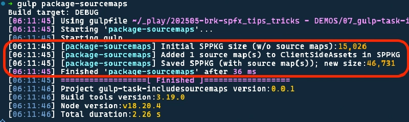 Output from the custom gulp task 'package-sourcemaps' Output from the custom gulp task 'package-sourcemaps'